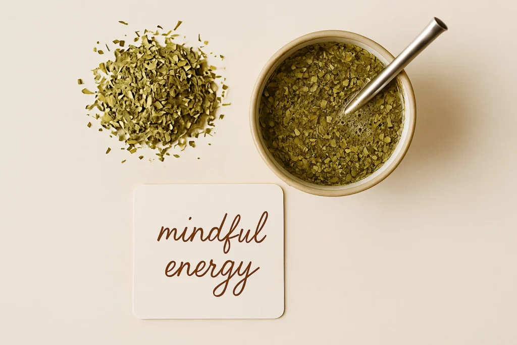 A cup with brewed mate leaves with bombilla and dried yerba mate leaves next to it with a handwritten note that reads mindful energy below.