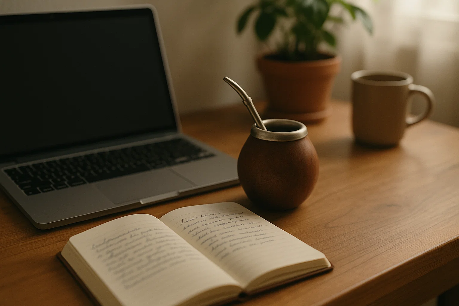 Cosy workdesk with a yerba mate gourd cup with bombilla, a laptop, a notebook, and a mug and a plant in the background.