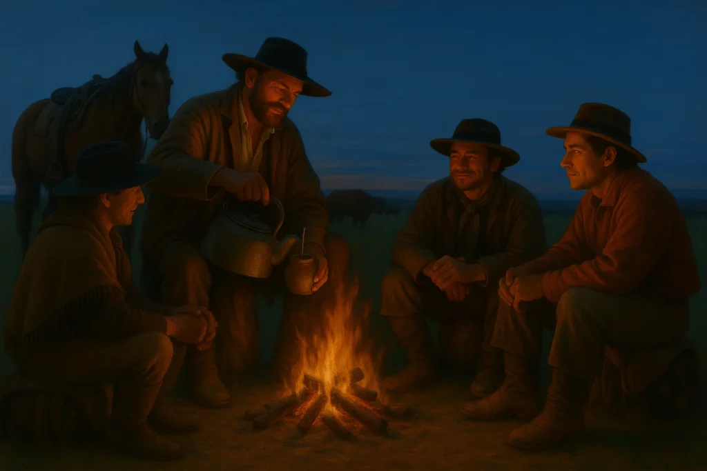 A group of four gauchos sitting around a campfire with one pouring a hot water into a yerba mate gourd cup with a horse and cattle in the background.