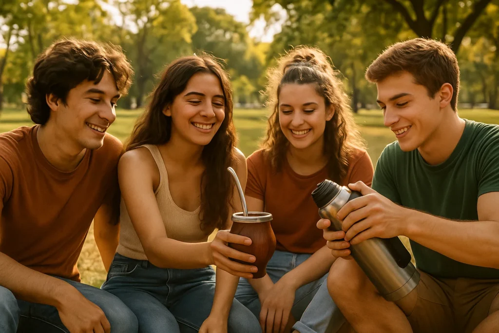 A group of fours friends sitting outside in a park, two women in the middle and two men on the sides, one preparing to pour hot water into a yerba mate gourd cup with bombilla which is held by one of the women.