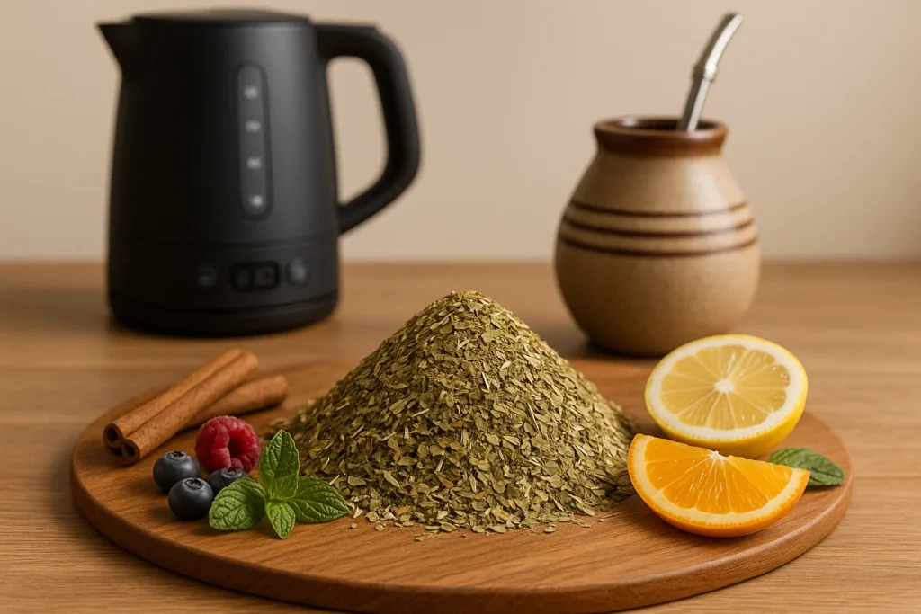 Dried yerba mate tea leaves in a pile on a platter with half lemon and orange wedge, berries, and cinnamon sticks next to it with a yerba mate gourd cup with bombilla and an electric kettle in the background.
