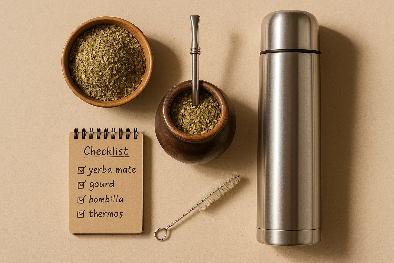 A flat lay image of yerba mate tea gourd cup with bombilla, a bowl of dried yerba leaves, a thermos, a cleaning brush, and a notebook with a checklist stating yerba mate, gourd, bombilla, and thermos.