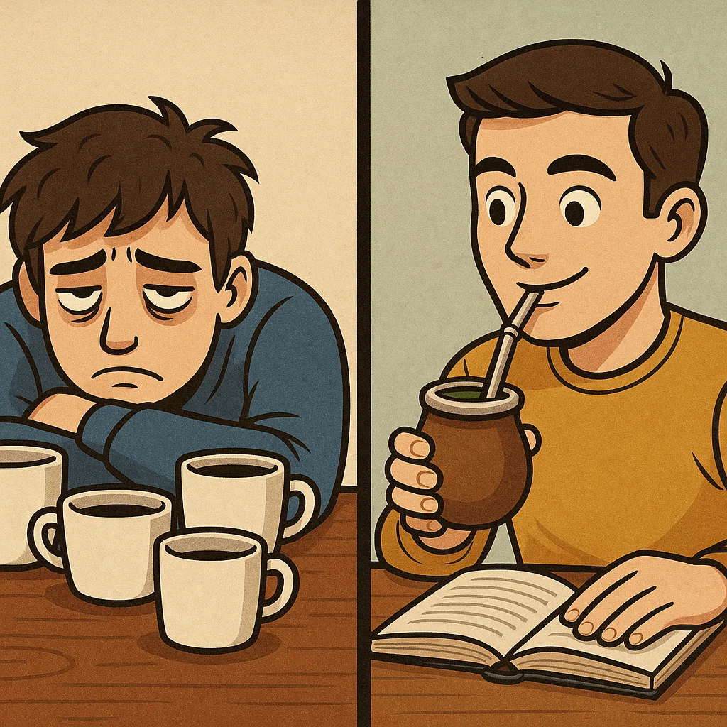 An image sowing a tired person with cups of coffee in front of them and an energised person drinking yerba mate.
