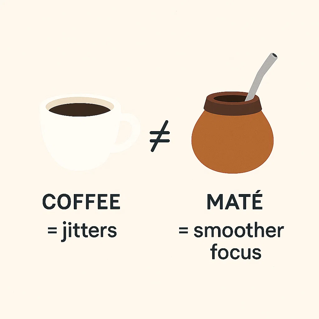 An image of a comparison showing coffee equals jitters and mate equals smoother focus for study fuel.