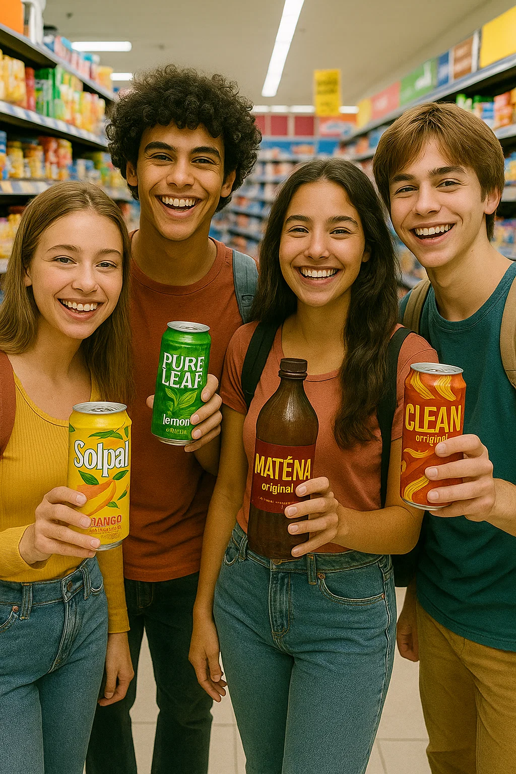 A group of four students holding mate drinks in a supermarket aisle.