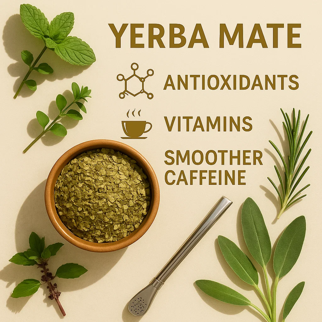 A flat lay image showing yerba mate tea dried leaves in a bowl with bombilla metal straw laying beside it, and various herbs like mint or rosemary around, and with a writing of yerba mate, antioxidants, vitamins, and smoother caffeine in the top upper corner.