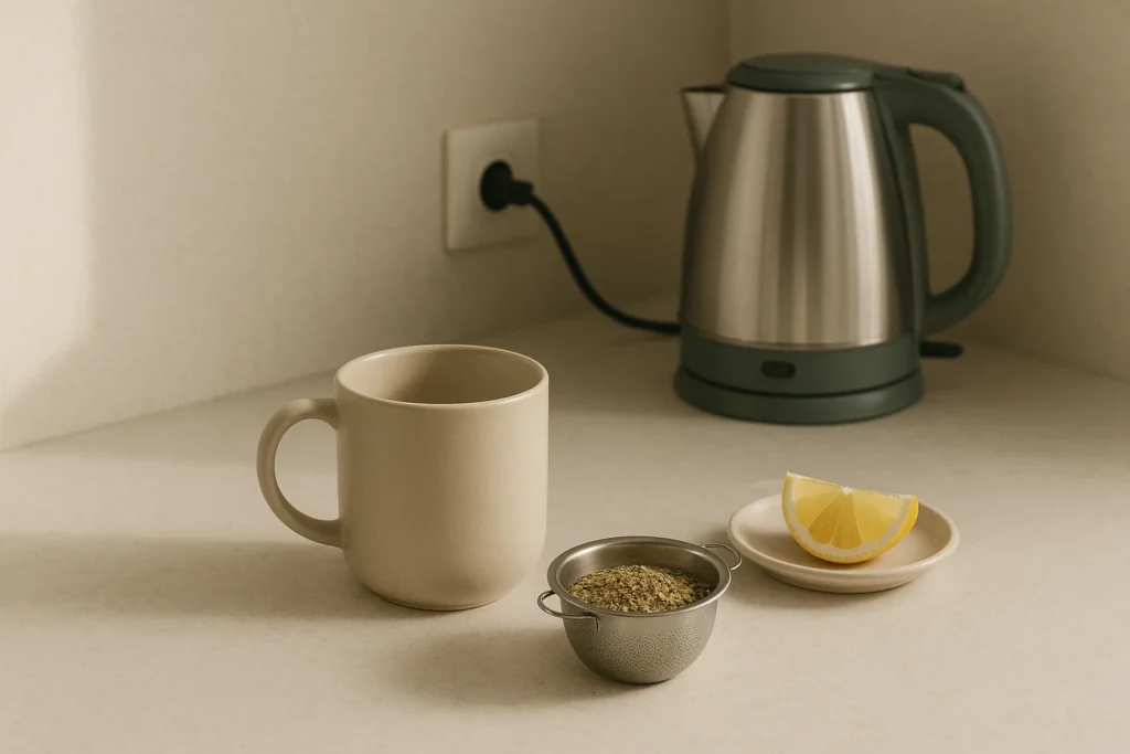 A mug with a tea infuser with dried yerba mate tea leaves and a plate with lemon slice beside it, and an electric kettle plugged into a wall in the background.