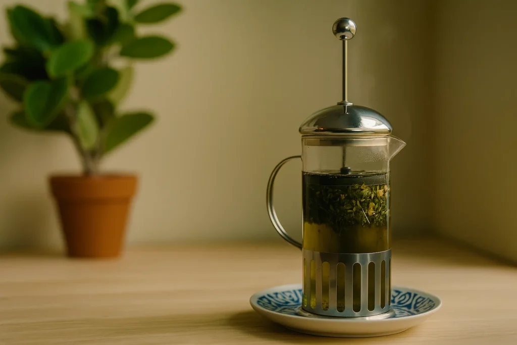 French press with yerba mate tea leaves on a plate with a plant in the background.