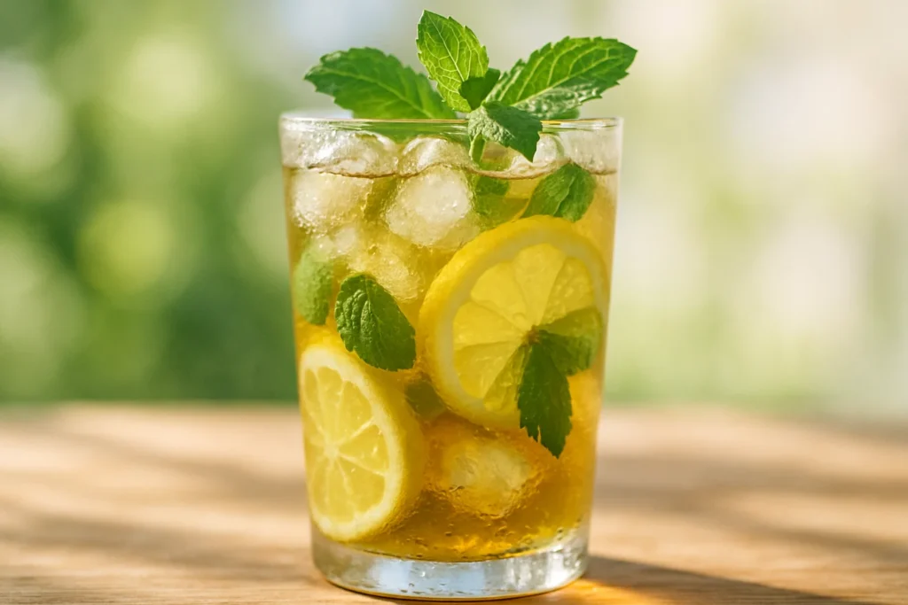 A glass of iced tea yerba mate terere style with slices of lemon and mint leaves on a table during a sunny day.