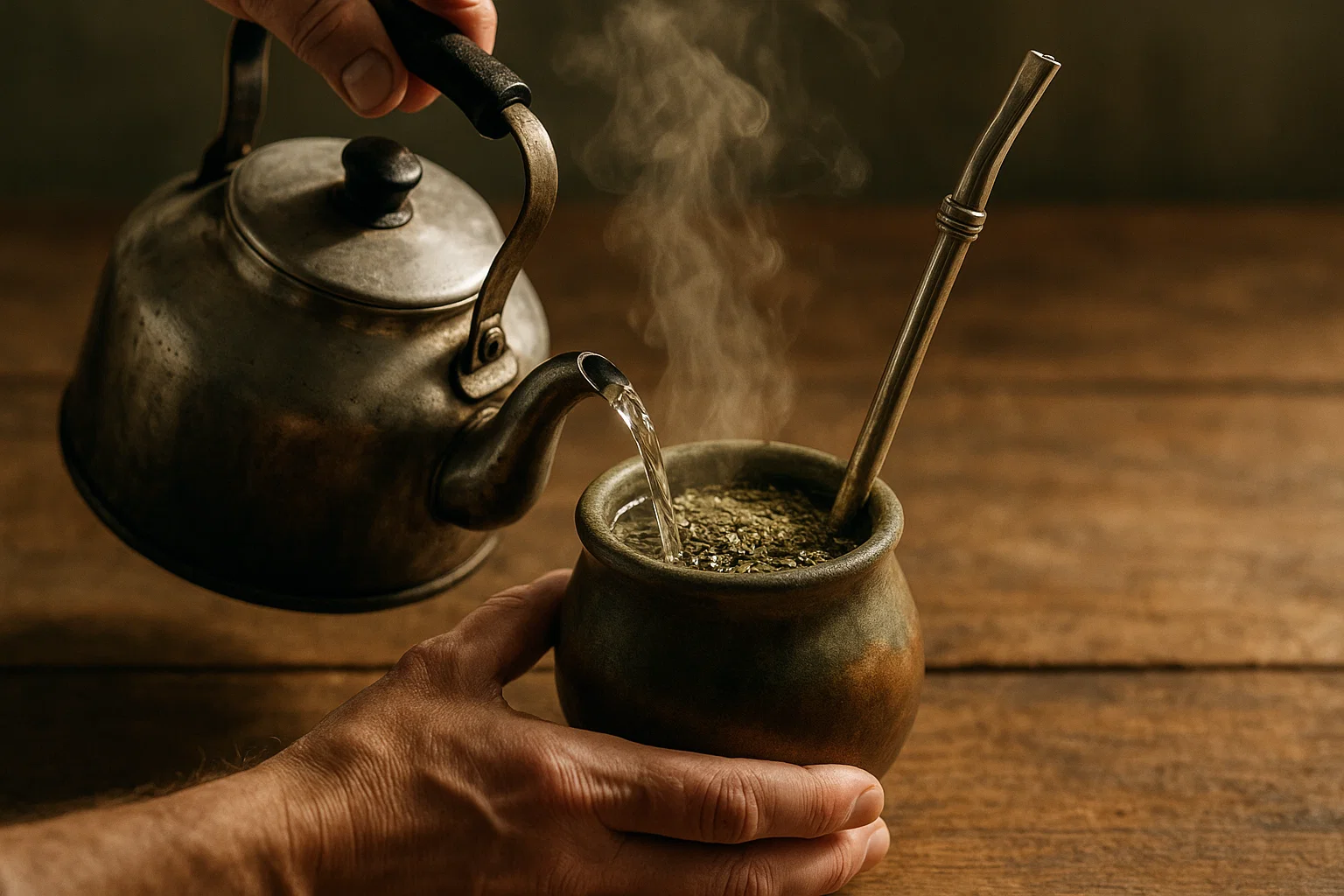 A person pouring steaming hot water into a yerba mate gourd cup with bombilla.