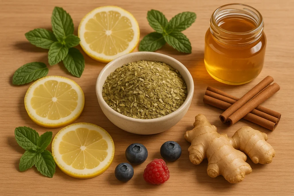 A cup of yerba mate dried leaves with herbs like mint, lemon slices, ginger, berries and cinnamon sticks and a jar of honey placed around it.