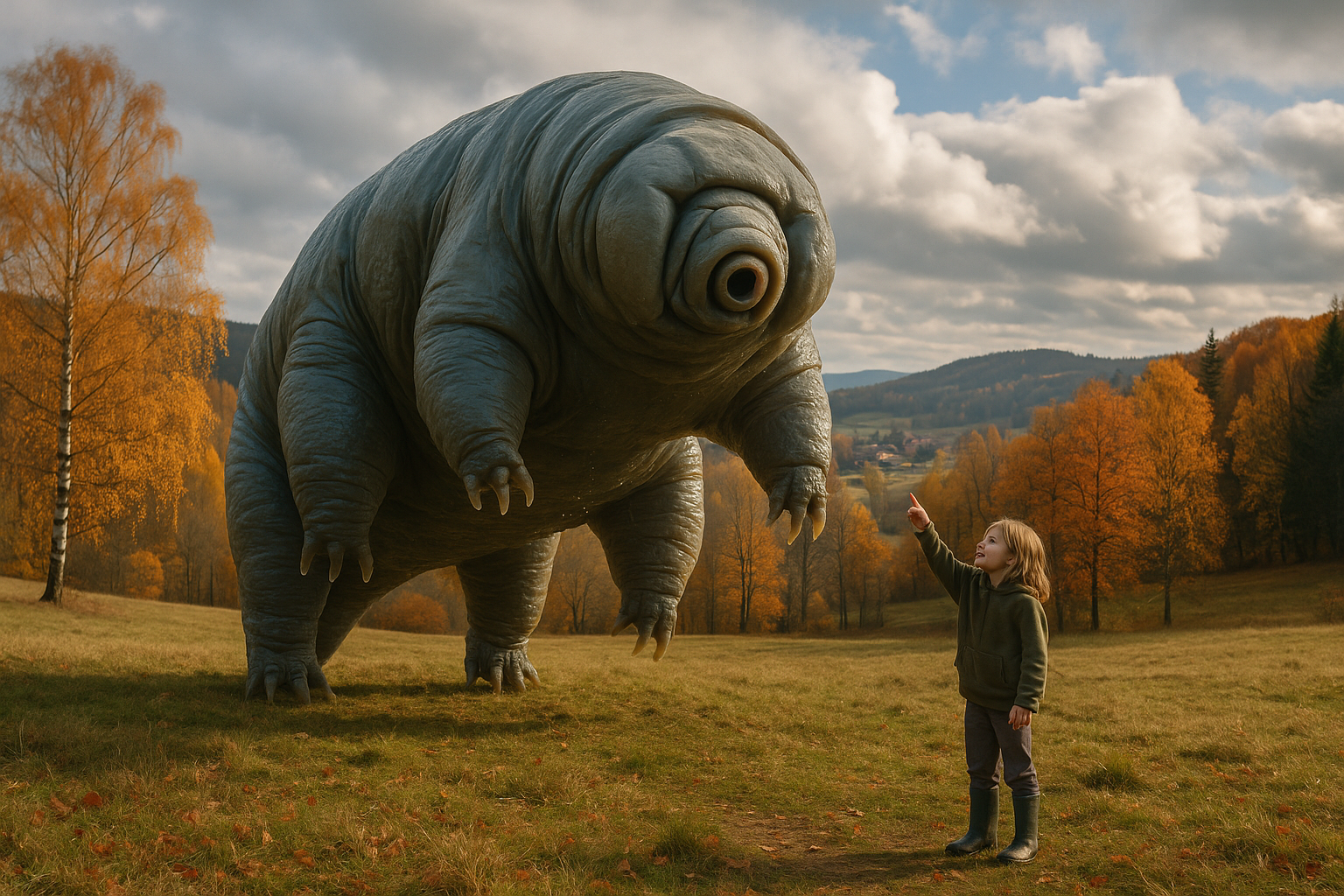 Gigantic tardigrade in czech landscape little girl pointing