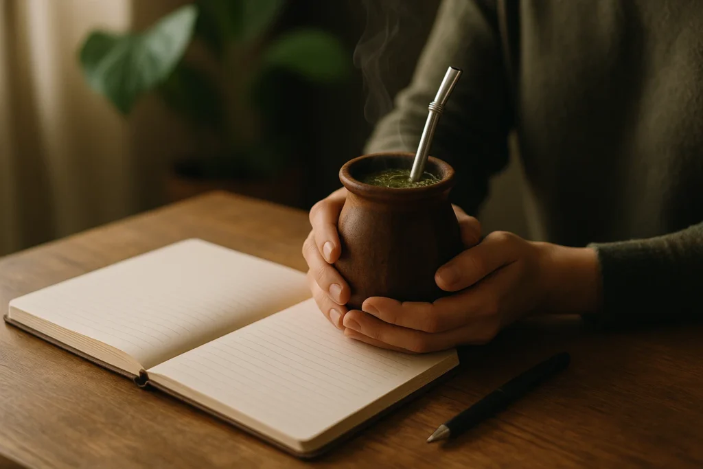 A person holding yerba mate cup gourd bombilla and rising steam, with a notebook and a pen on a workdesk with cosy feel and a plant in the background.