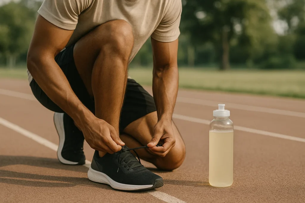 An athlete tying shoelaces on a track with coconut water in a clear reusable bottle in place of an electrolyte drink.