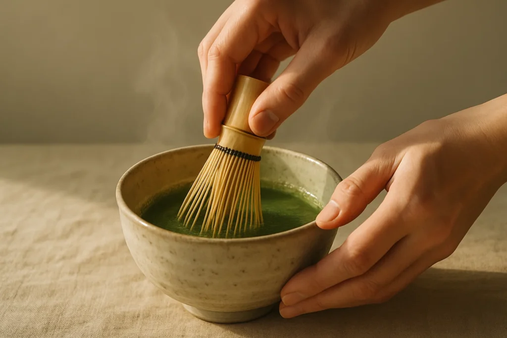Hands whisking matcha in a bowl with a bamboo whisk.